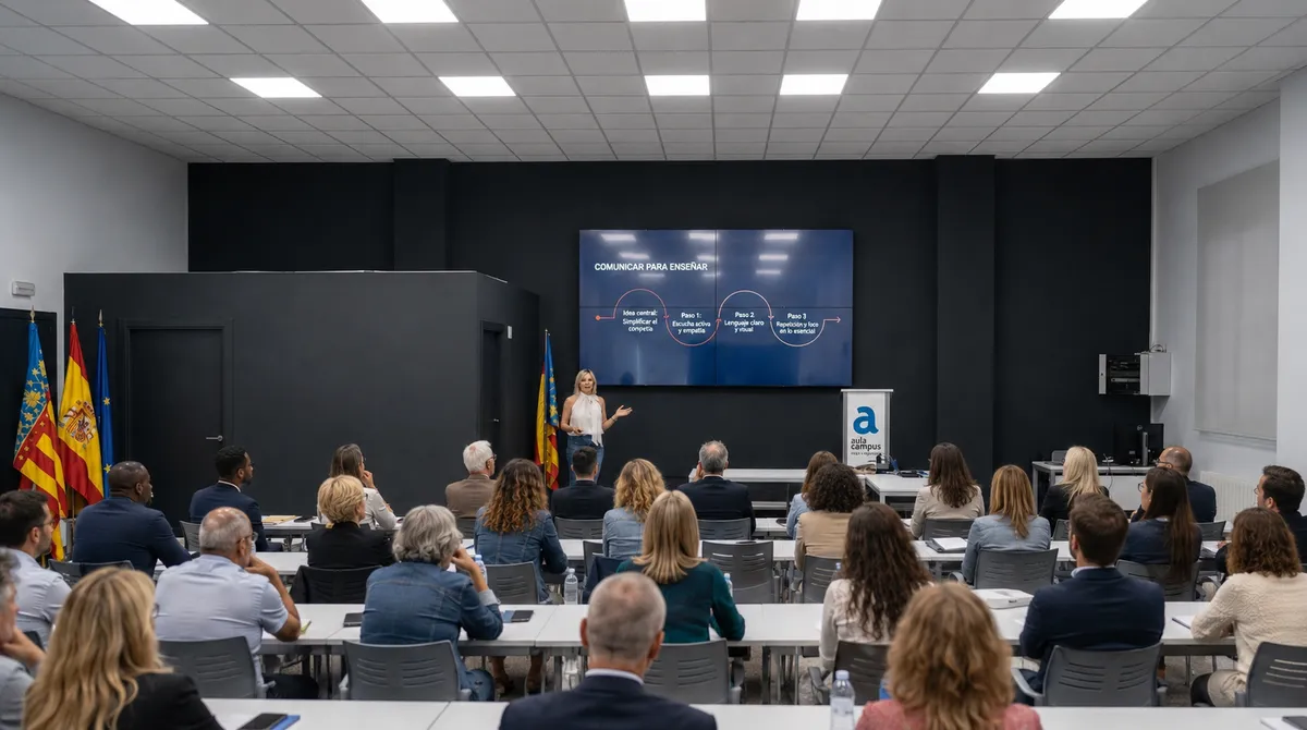 Elena Cerdán impartiendo la sesión «Comunicar para enseñar» ante un grupo de profesionales en el aula